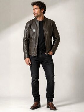 La Marque Collection Men's Knight Leather Moto Jacket Dark Brown Size 46/L NWT